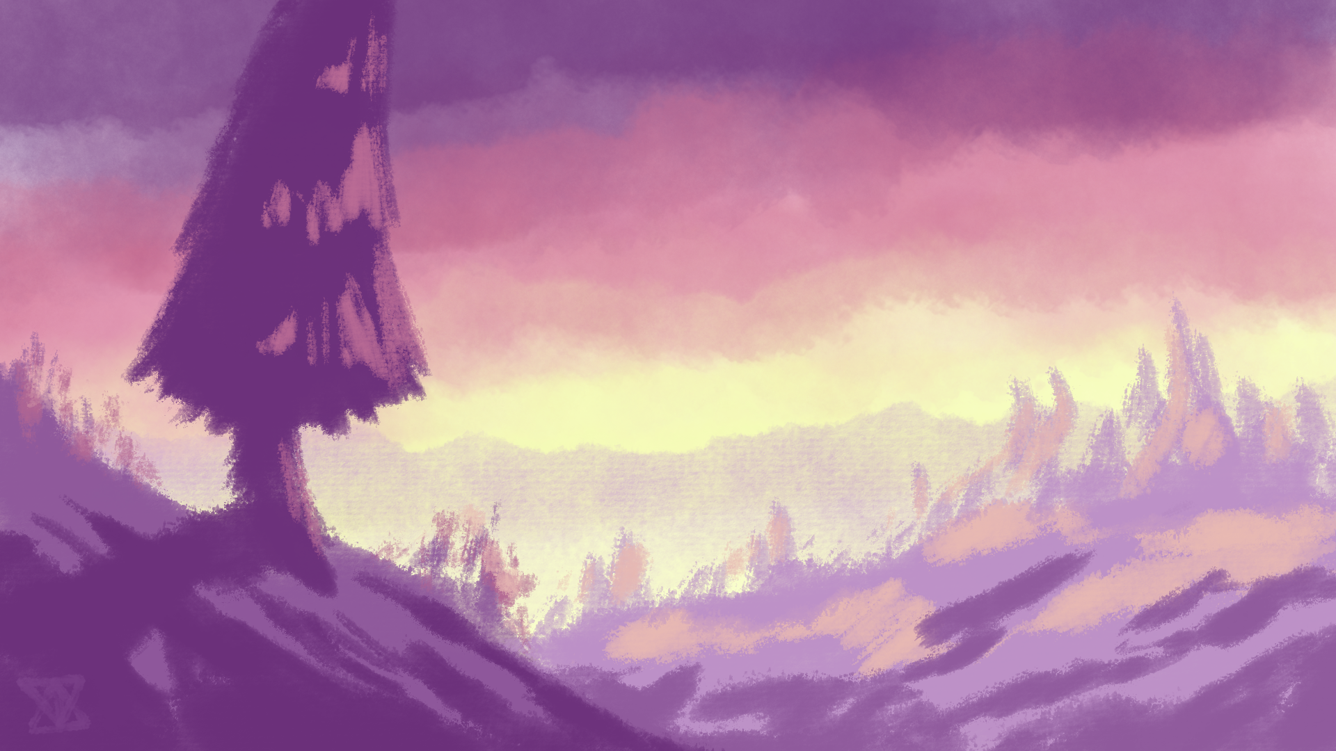 A digital painting depicting a hilly landscape with conifers, in a restricted palette of purple, pinkish orange, and yellow.