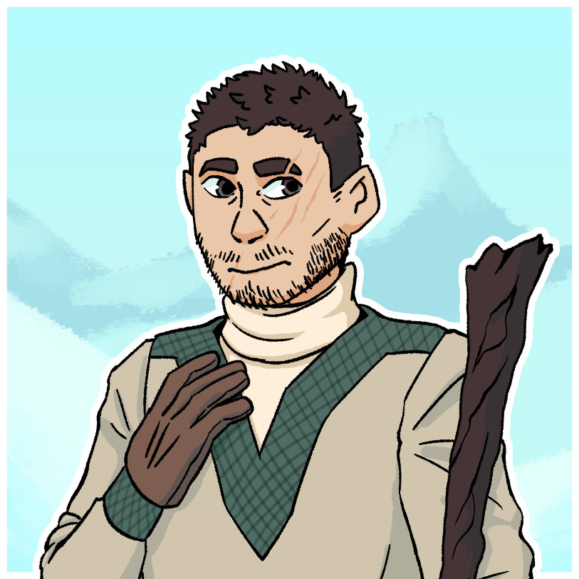 A digital character reference. It depicts a bearded white man with close-cropped brown hair and scars from a claw scratch over the upper left half of his face. He is dressed in beige winter clothes with green accents, and carries a staff. A knife in a scabbard is strapped to his right leg.